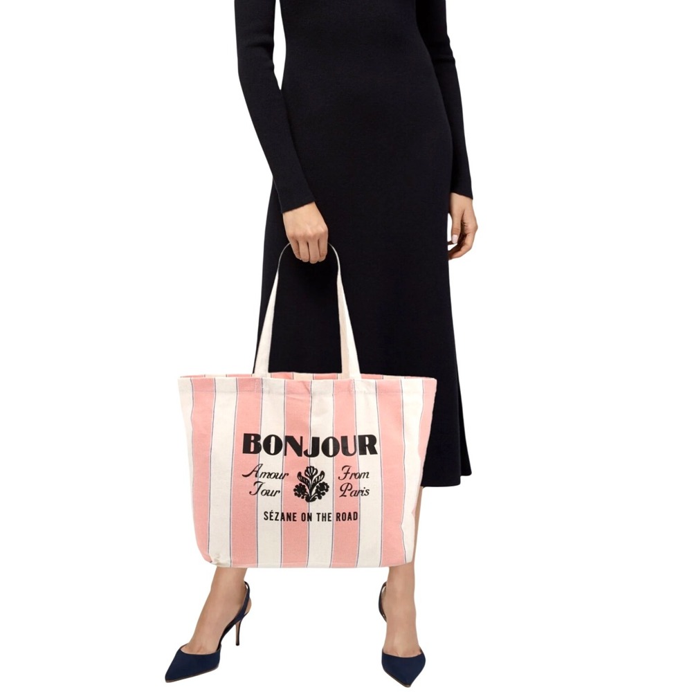 Sezane Pink White Stripe Bonjour Amour Tour From Paris Canvas Tote
Bag Like New